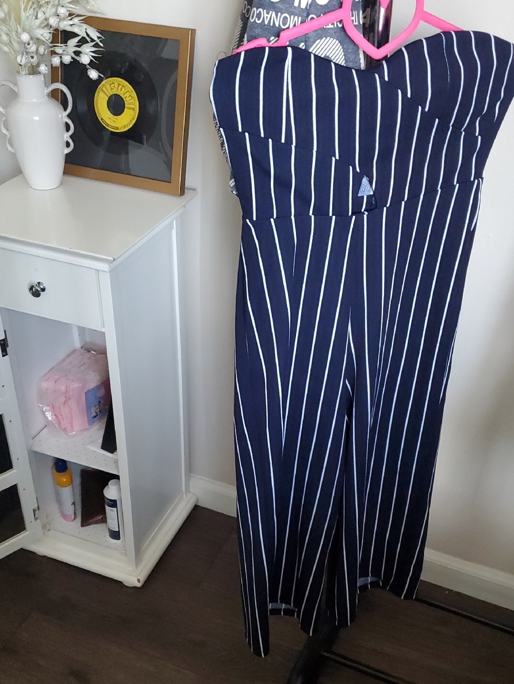 Rue21 Navy Blue and White Striped Strapless Jumpsuit